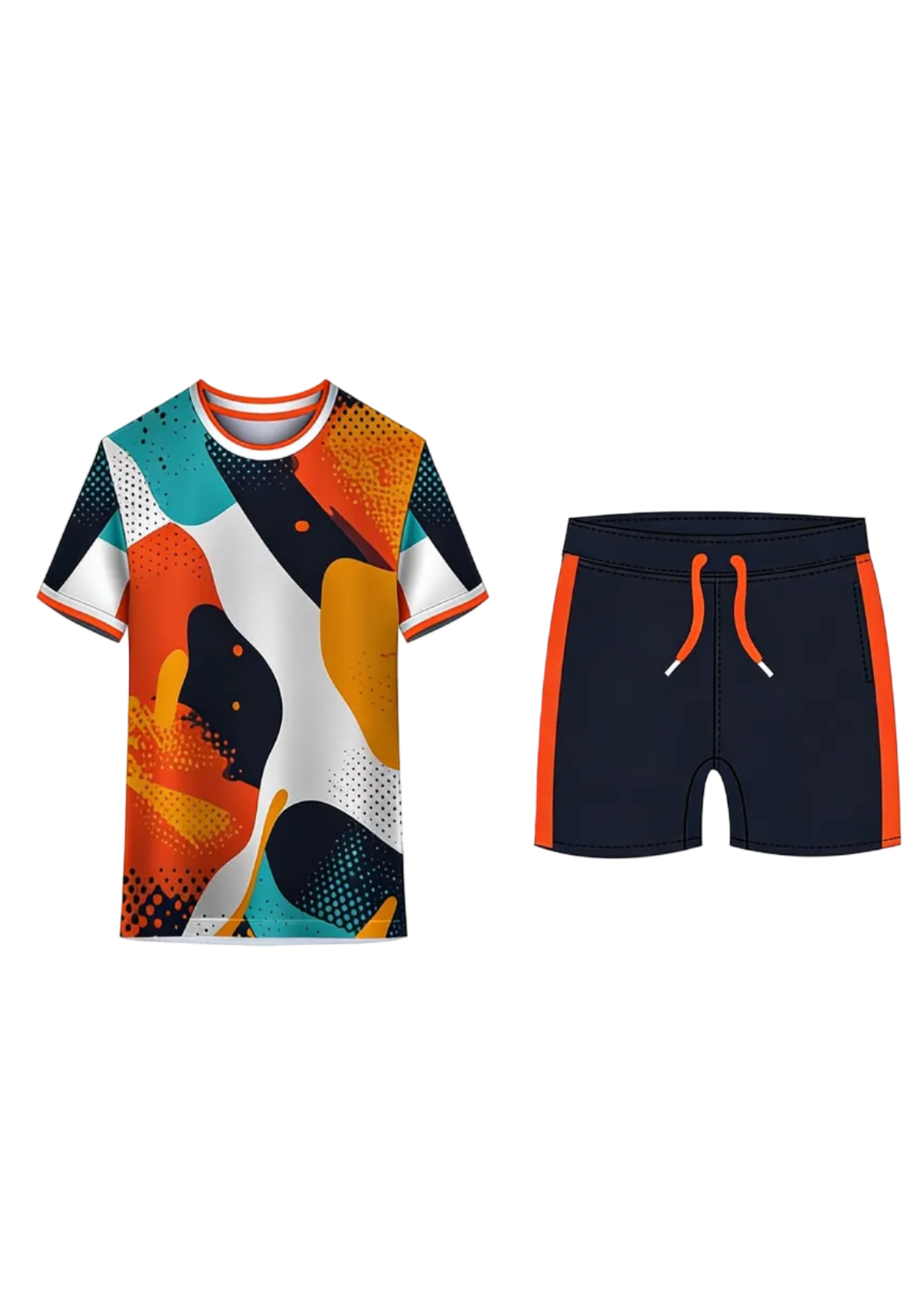 Colorful abstract custom sports jersey with matching navy shorts for cricket, football and volleyball team uniform sublimation printing