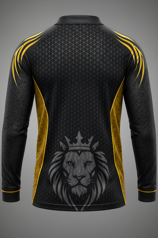 Black long-sleeve shirt with yellow accents and a lion emblem on a gray background