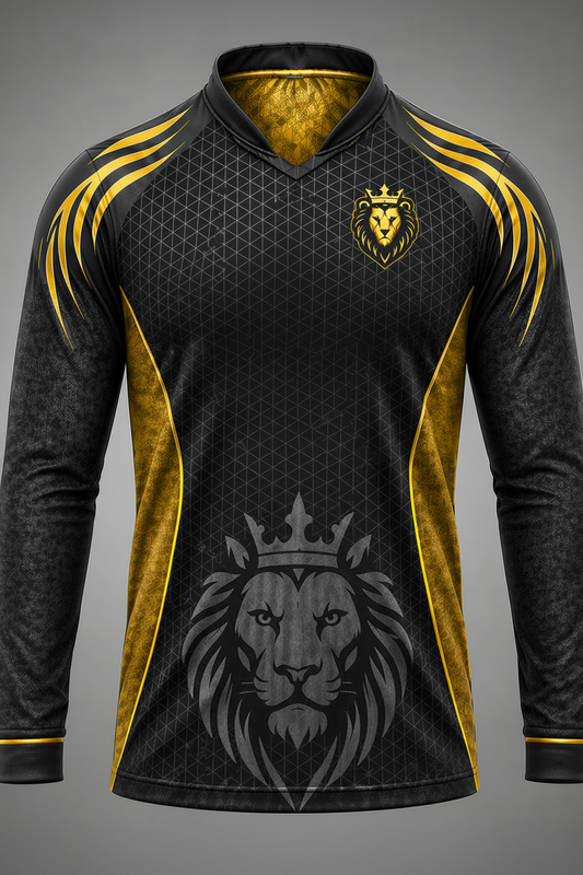 Black and gold cricket jersey with 'Mumbai Indian Cricket Club' text and lion emblem on a gray background