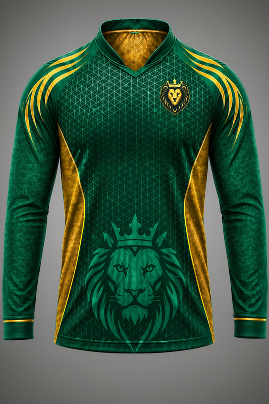 Green and gold cricket club jersey with lion emblem and text on a gray background