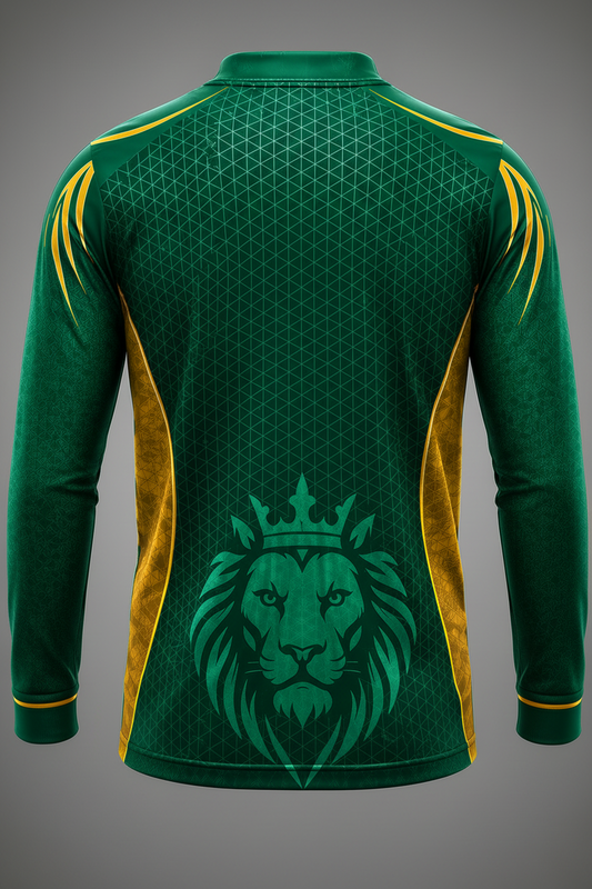 Green sports jersey with lion emblem and yellow accents on a gray background