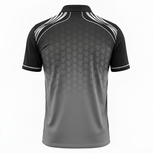 Gray and black polo shirt with white pattern on a white background