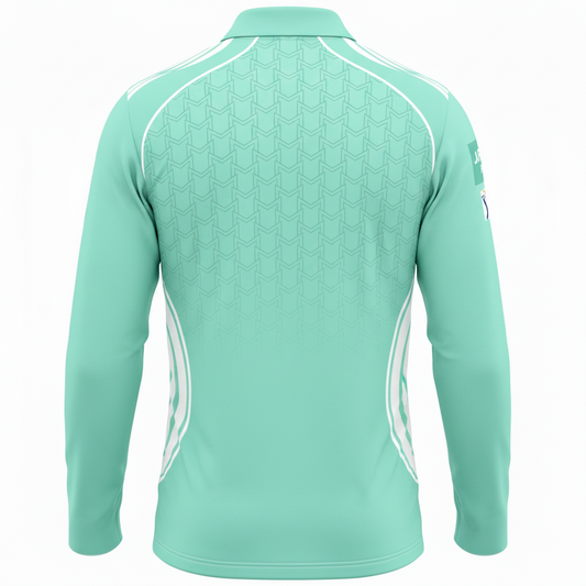 Mint green long-sleeve shirt with white accents on a white background