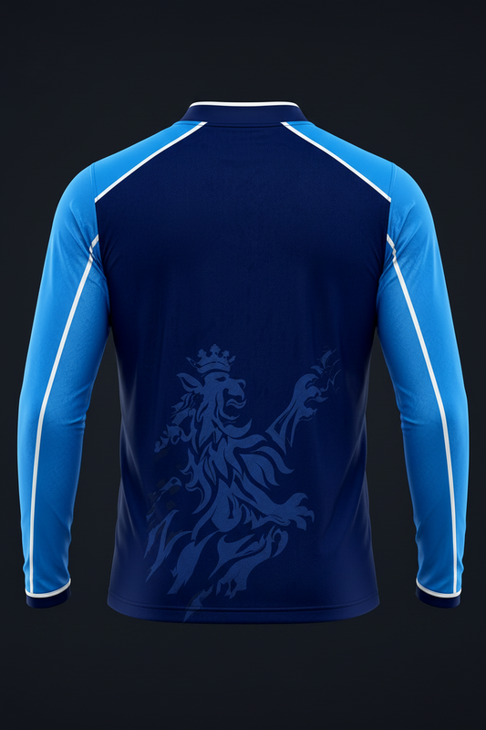 Blue athletic shirt with a lion emblem on a black background