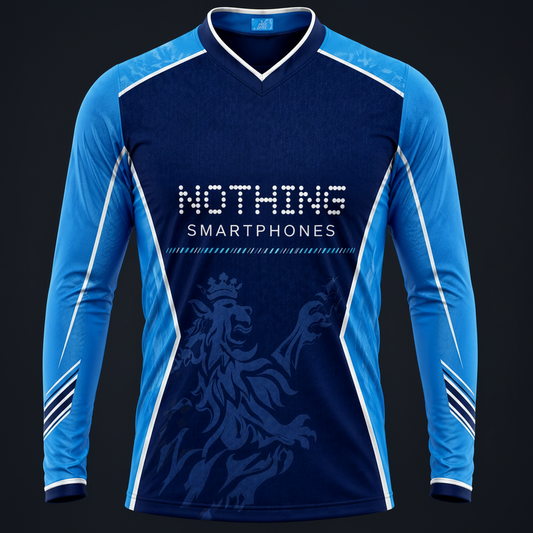 Blue and navy sports jersey with branding on a dark background