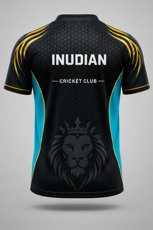 Black sports jersey with gold and blue accents featuring 'Mumbai Indian Cricket Club' on a gray background.