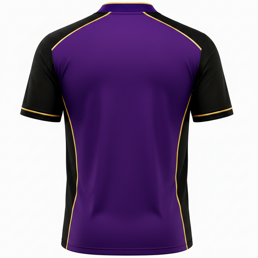 Purple and black sports shirt with yellow accents on a white background