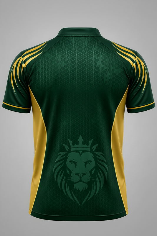 Green and gold cricket jersey with 'Mumbai Indian Cricket Club' text and lion logo on a gray background