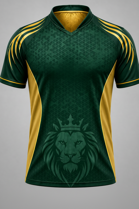 Green and gold cricket jersey with 'Mumbai Indian Cricket Club' text on a gray background
