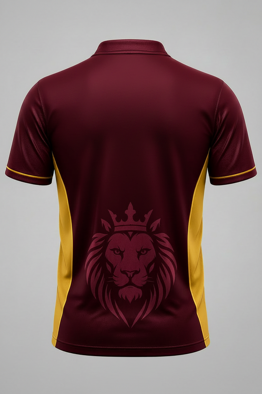 Maroon and yellow cricket club jersey with lion emblem and text on a gray background