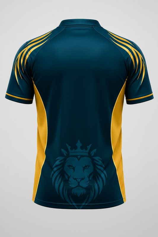 Teal and yellow sports jersey with lion emblem on a gray background