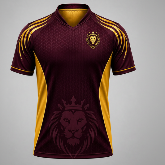 Maroon and gold cricket club jersey with lion emblem and text on a gray background