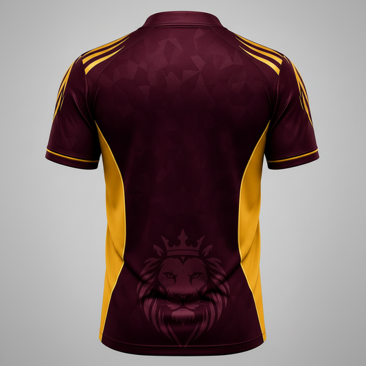 Maroon and yellow sports jersey with a lion emblem on a gray background