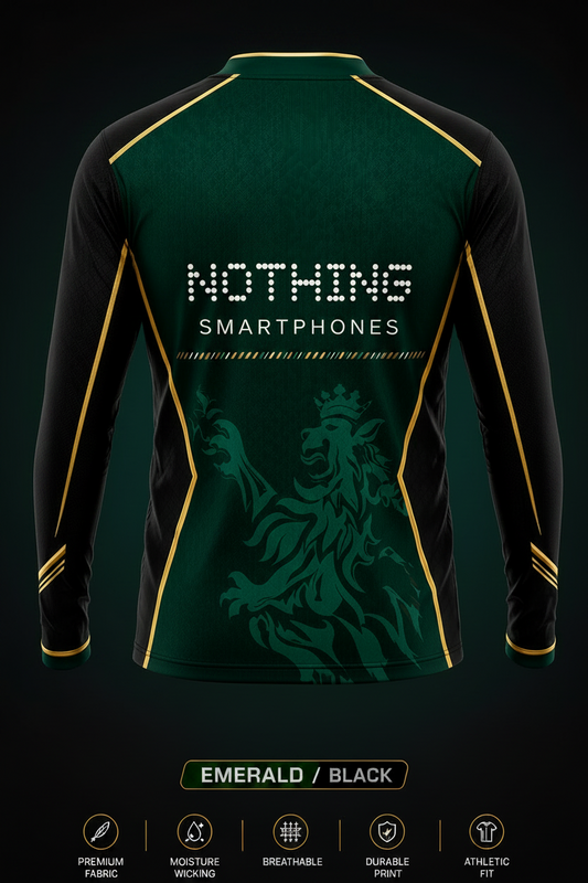 Green and black sports jersey with branding on a dark background