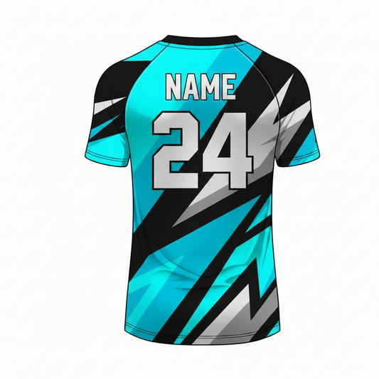 Cyan black lightning surge custom esports jersey back side with player name and number