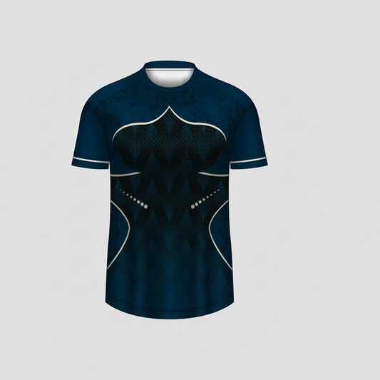 Custom dark blue royal crest esports jersey front view with premium gaming design
