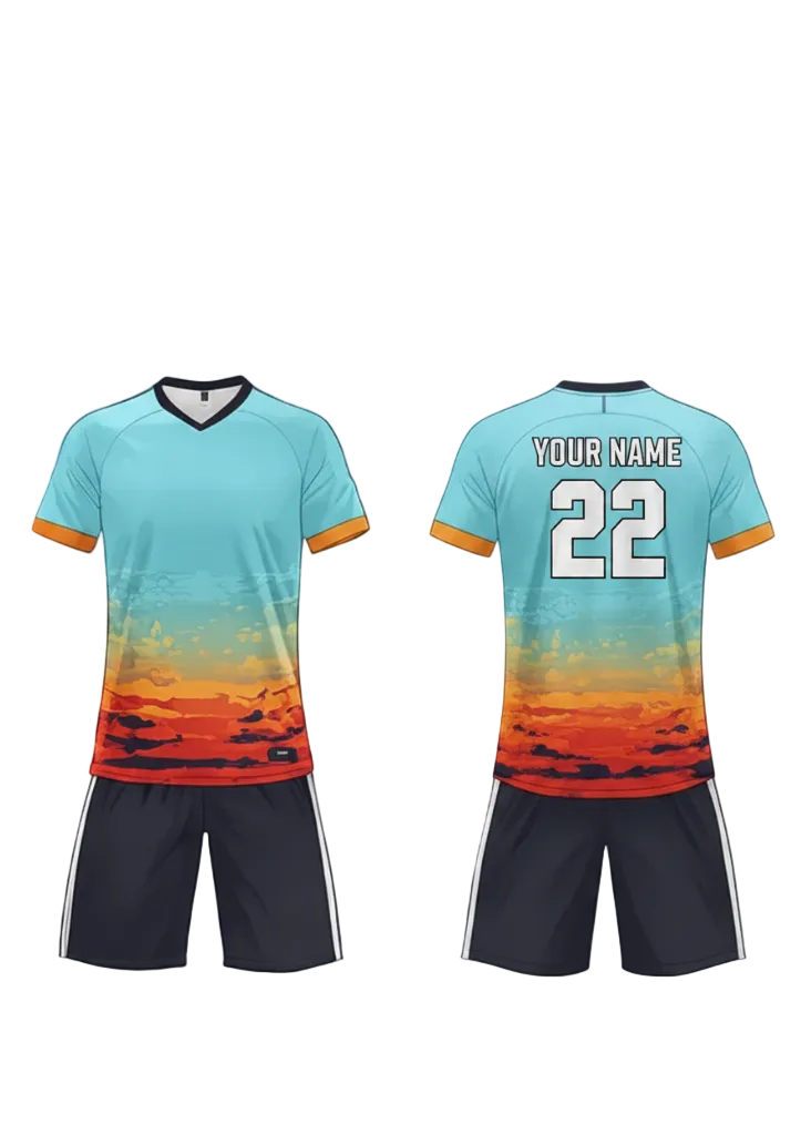 Custom gradient sunset sports jersey with matching shorts, breathable athletic wear for teams, NextPrint India