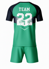 Custom green and black sports jersey with shorts set for cricket and football team uniform India back view with chevron design