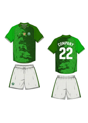 Custom green cricket jersey with white shorts team uniform India front and back view camouflage design with collar
