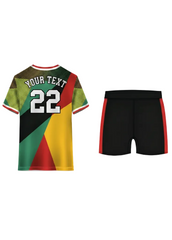 Custom green, red and yellow geometric sports jersey with matching black shorts for cricket, football and team sports by NextPrint India