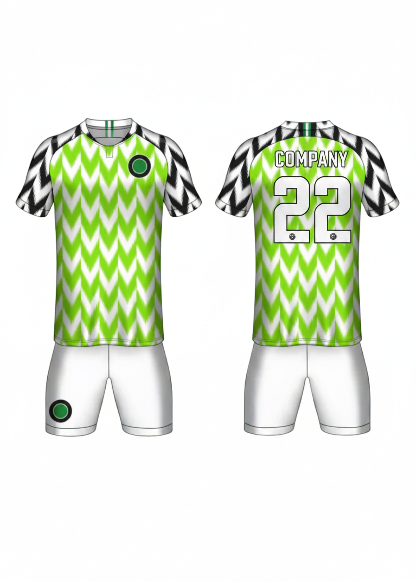Custom green and white zigzag football jersey with matching white shorts and black patterned sleeves for soccer and team sports by NextPrint India