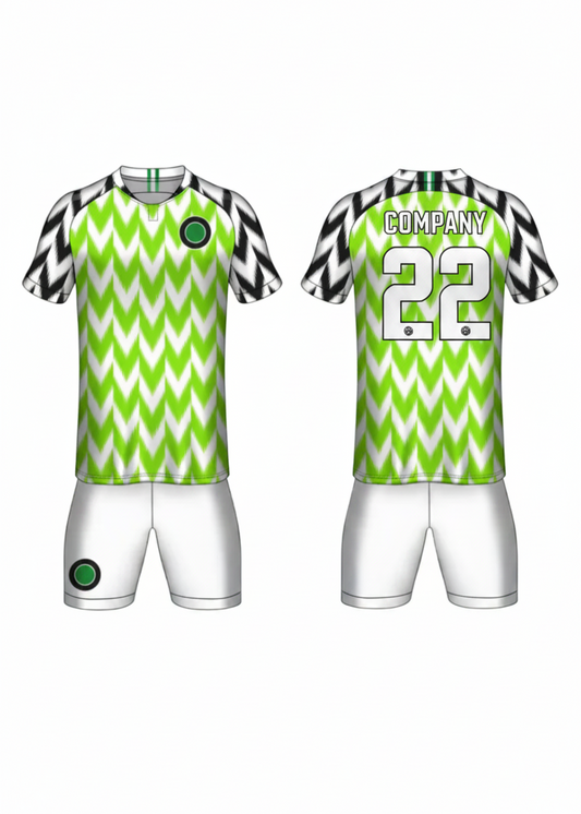 Custom green and white zigzag football jersey with matching white shorts and black patterned sleeves for soccer and team sports by NextPrint India