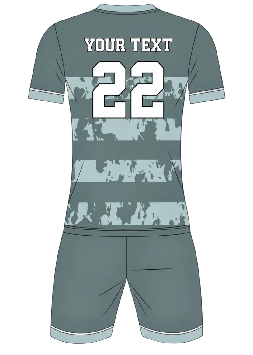 Custom grey camouflage sports jersey with shorts set for cricket and football team uniform India back view striped design
