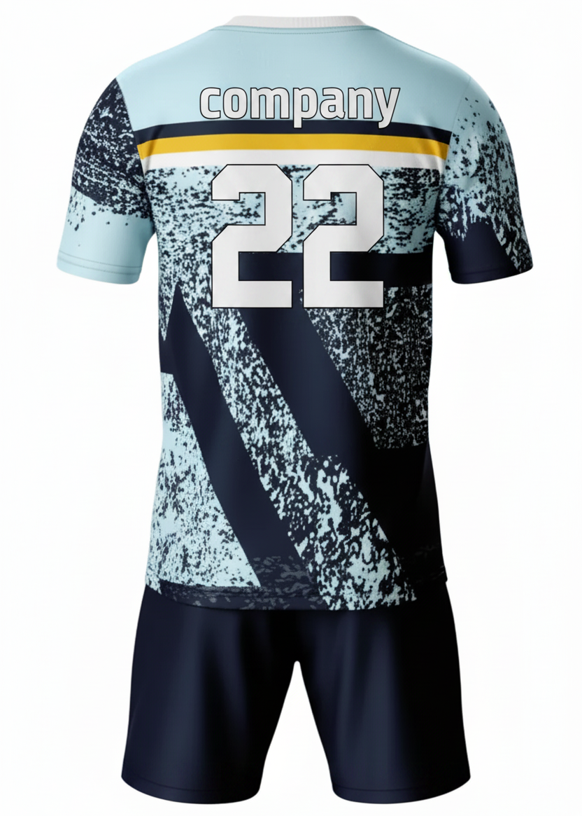 Custom light blue and navy sports jersey with abstract textured graphic pattern and matching shorts for cricket, football and team sports by NextPrint India