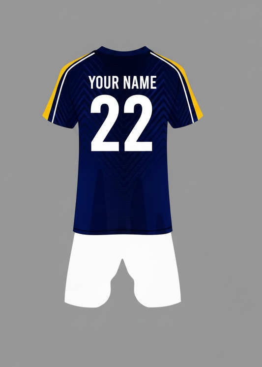 Custom navy blue chevron pattern sports jersey with white shorts and yellow sleeve stripes, breathable team kit, NextPrint India