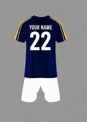 Custom navy blue chevron pattern sports jersey with white shorts and yellow sleeve stripes, breathable team kit, NextPrint India