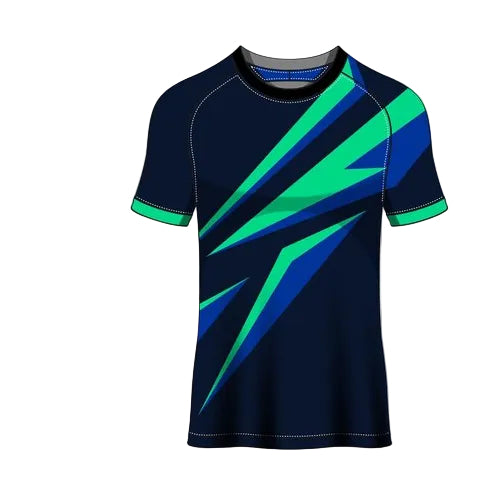 Custom navy blue green striped esports jersey front view