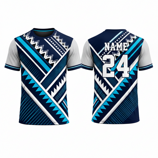 Navy blue grey geometric patterned esports jersey back view