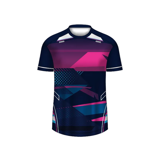 Custom navy blue neon edge esports jersey front view with premium gaming design