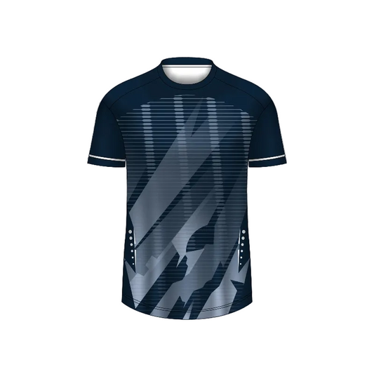 Custom navy blue shadow pulse esports jersey front view with premium gaming design