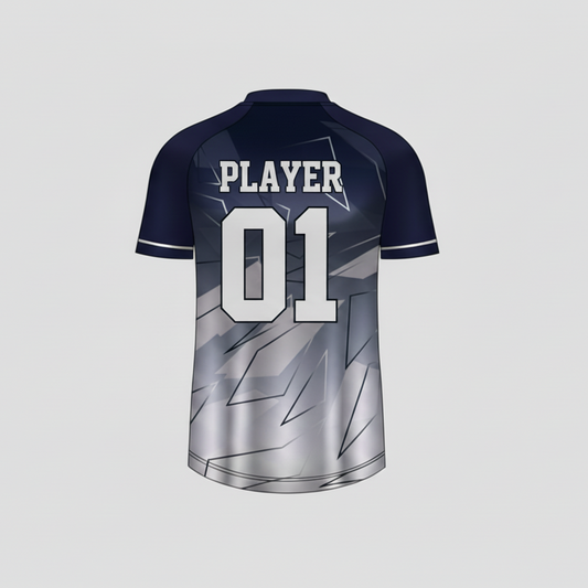 Custom navy blue silver edge esports jersey back side with personalized gamer name and number