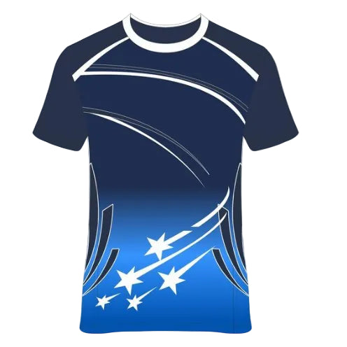 Custom navy blue starwave esports jersey front view with premium gaming design