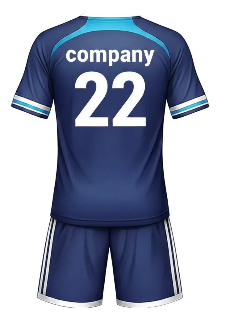 Custom navy blue sports jersey with matching shorts, breathable team uniform with stripe detailing, NextPrint India