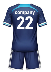 Custom navy blue sports jersey with matching shorts, breathable team uniform with stripe detailing, NextPrint India