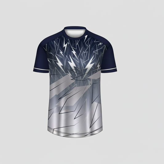 Custom navy blue thunder flash esports jersey front view with premium gaming design