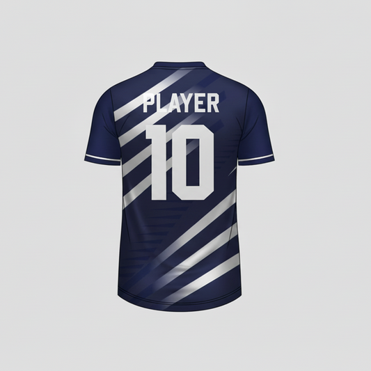 Custom navy blue white esports jersey back side with personalized gamer name and number