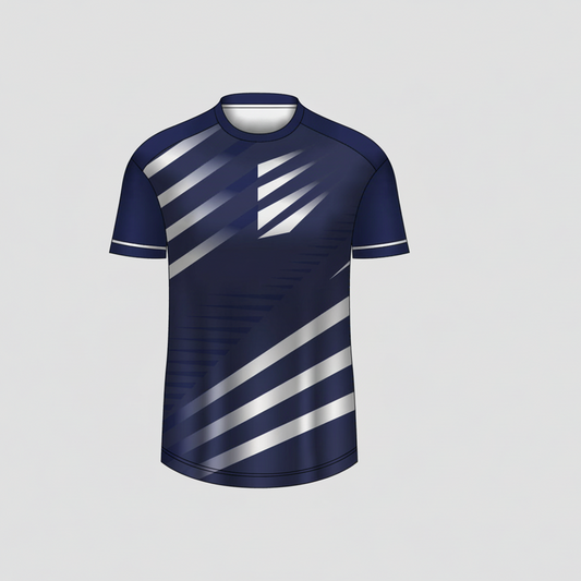 Custom navy blue white diagonal stripes esports jersey front view with premium gaming design