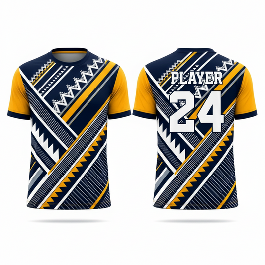 Navy blue yellow tribal pattern esports jersey back view