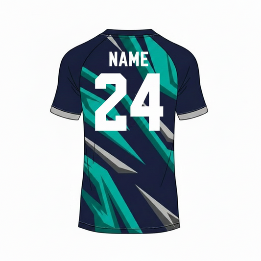 Navy teal geometric custom esports jersey back side with player name and number