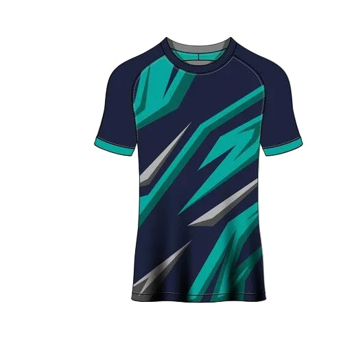Custom navy teal geometric esports jersey front view