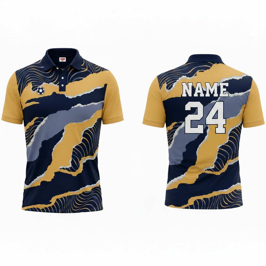 Navy yellow abstract fusion esports polo jersey back view