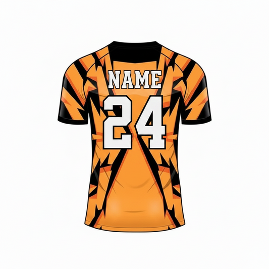 Orange black custom esports jersey back side with player name and number