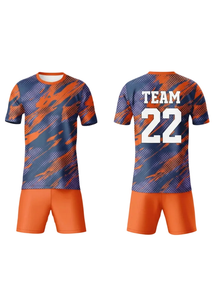Custom orange and blue abstract design sports jersey with shorts set for cricket and football team uniform India front and back view