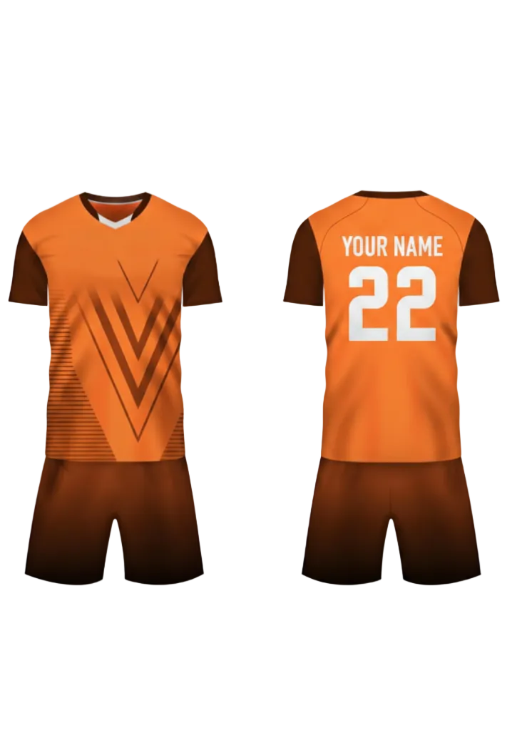Custom orange sports jersey with V pattern design and matching shorts, lightweight breathable team uniform, NextPrint India