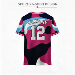 Custom pink and navy sports t-shirt back design with abstract blue and white wave pattern for team jersey printing by NextPrint India.