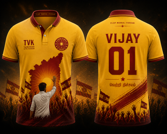 TVK Vijay Makkal Iyakkam yellow polo t-shirt front and back design